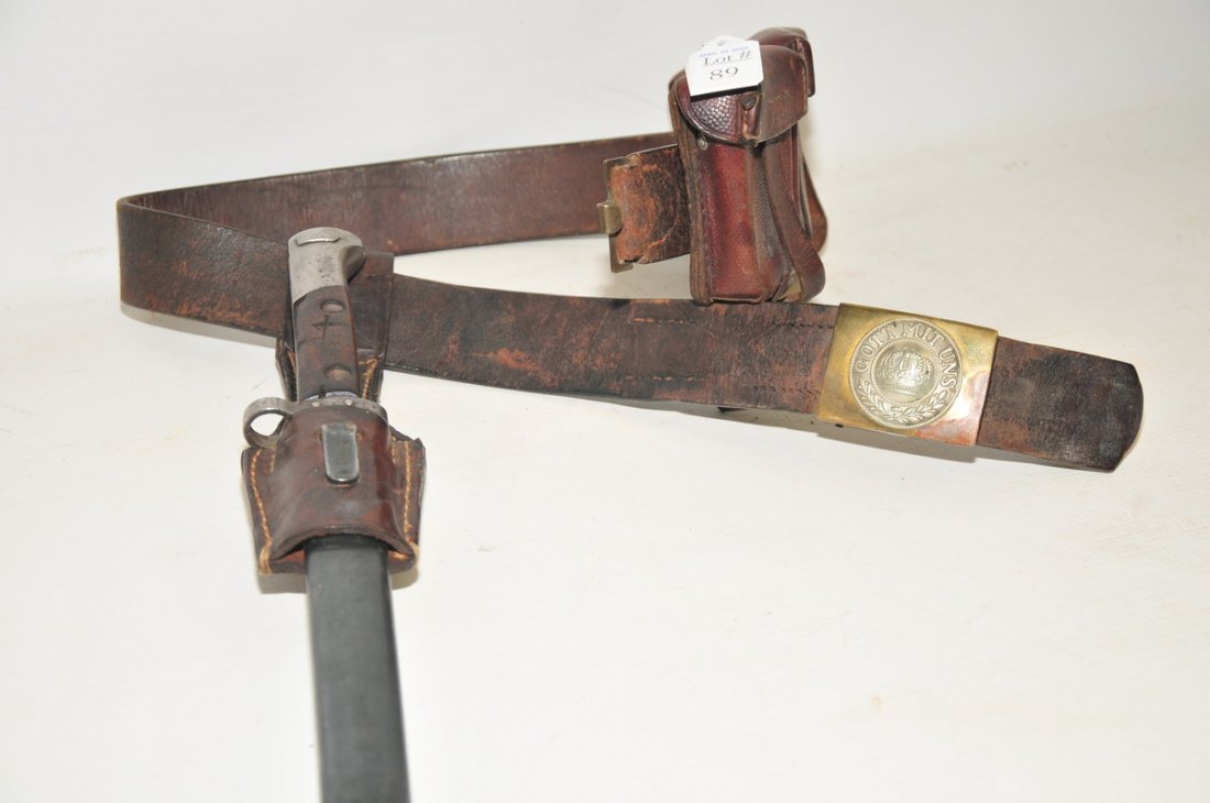 WWI Steyr Bayonet with Belt, Pouches, and Buckle.: Steyr bayonet with scabbard, belt frog, belt and German belt buckle. Also incuded are the Mauser style ammo pouches. During WWI The Austro-Hungarian Empire fielded the M1895 Steyr as it's main battle 