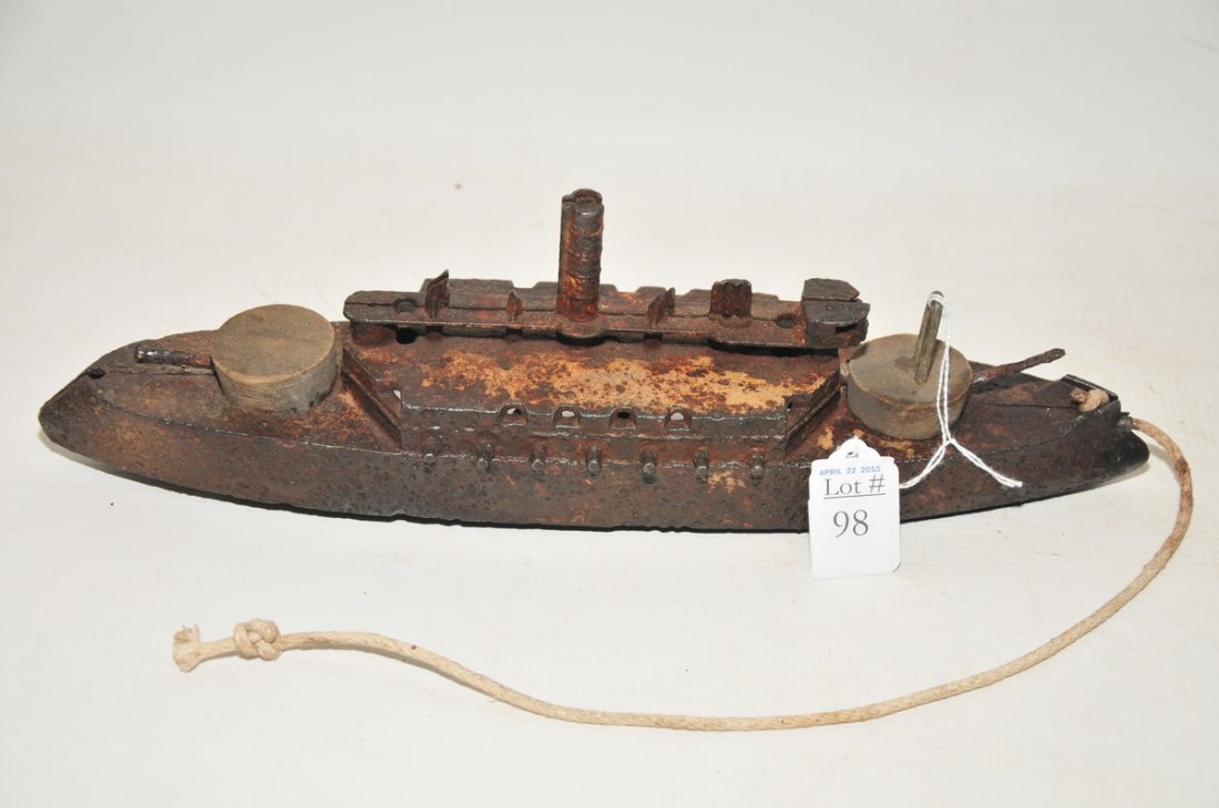 Cast Iron Antique Battleship Pull Toy 14": Cast Iron Antique Battleship Pull Toy 14"