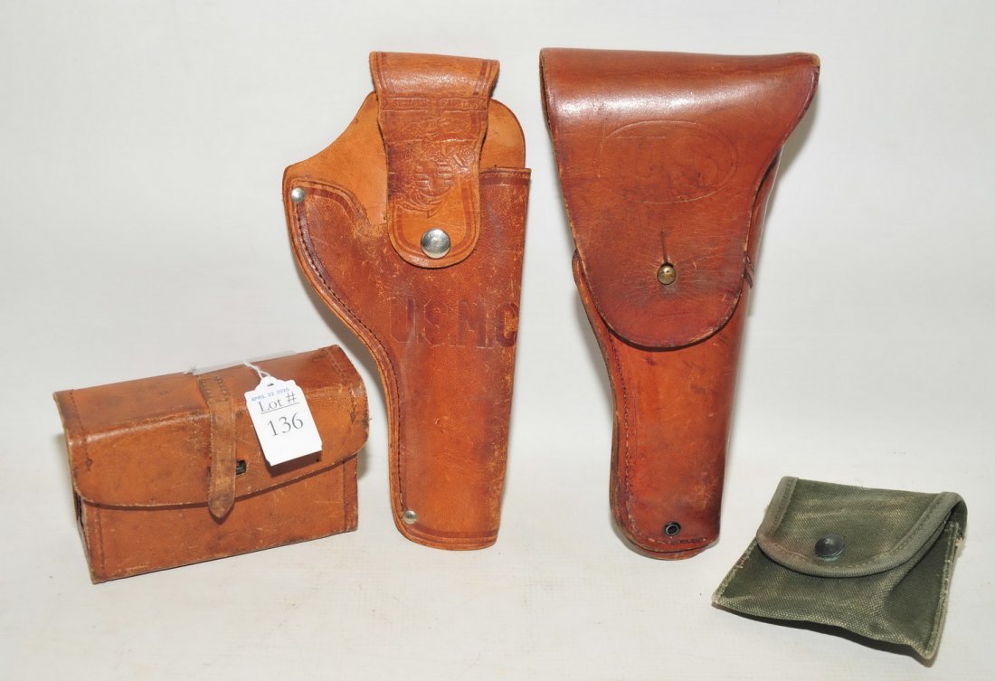 Misc. Military items: Browning Machine gun parts case, Vietnam Compass Case, WWII Pistol holster, and more