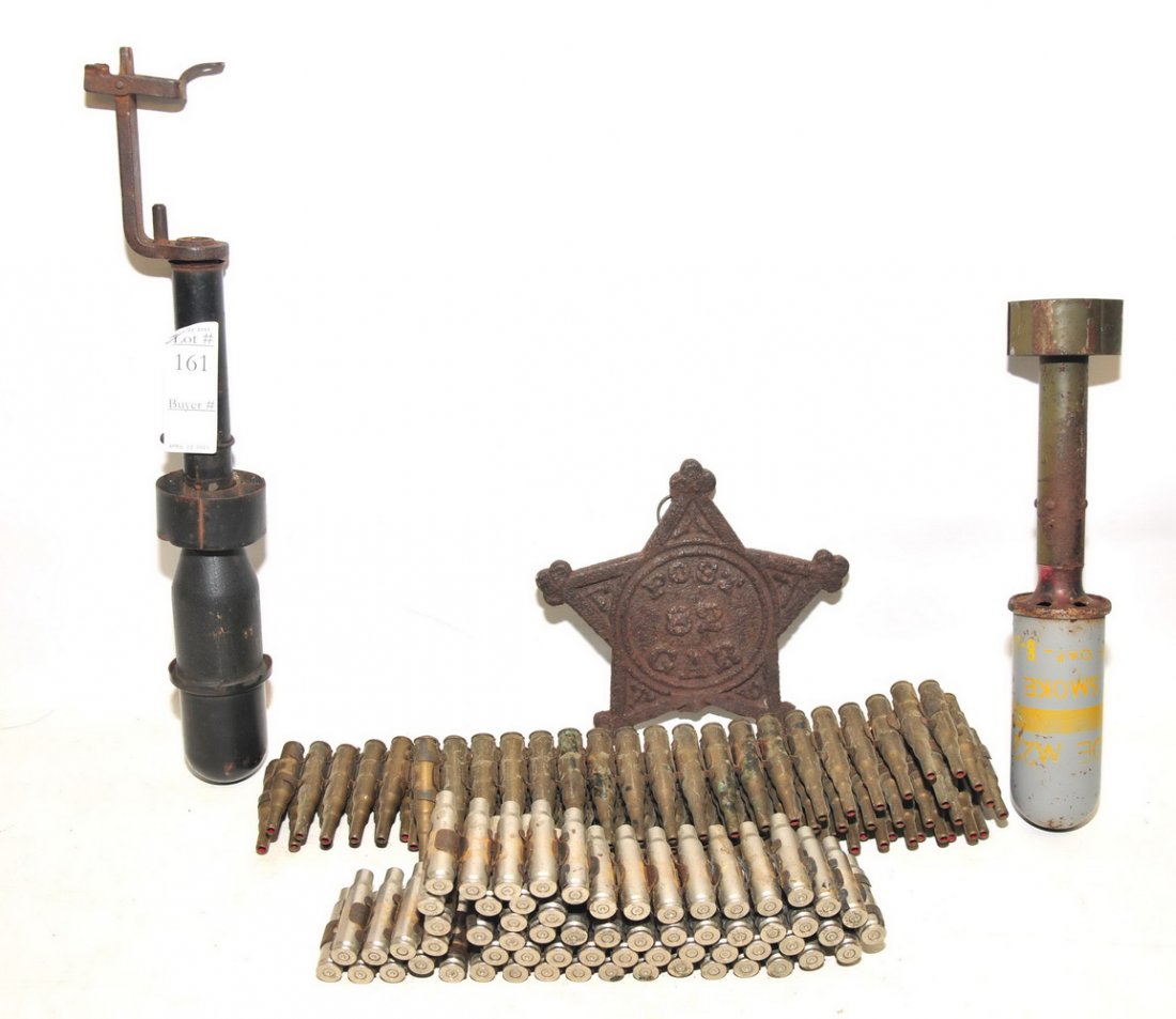 Collection of Military Items: Practice Bombs/Grenades and blank rounds fro belt machine gun