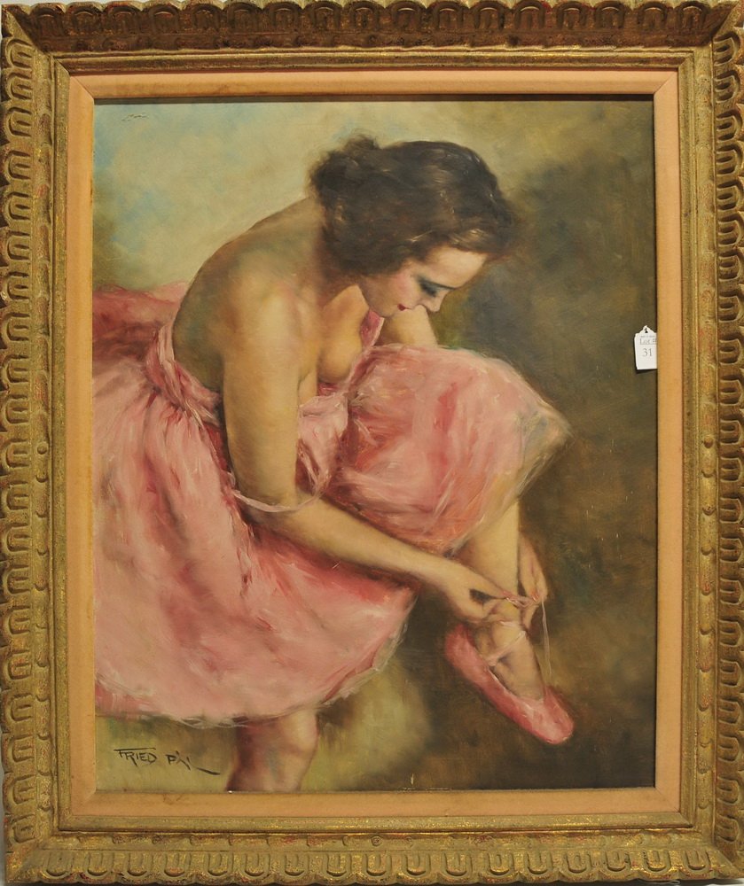 Oil on Canvas Pal Fried 1893-1976 "Intermission": Depicting a ballerina putting on her shoe 29x24 signed Fried Pal lower left, titled on rear