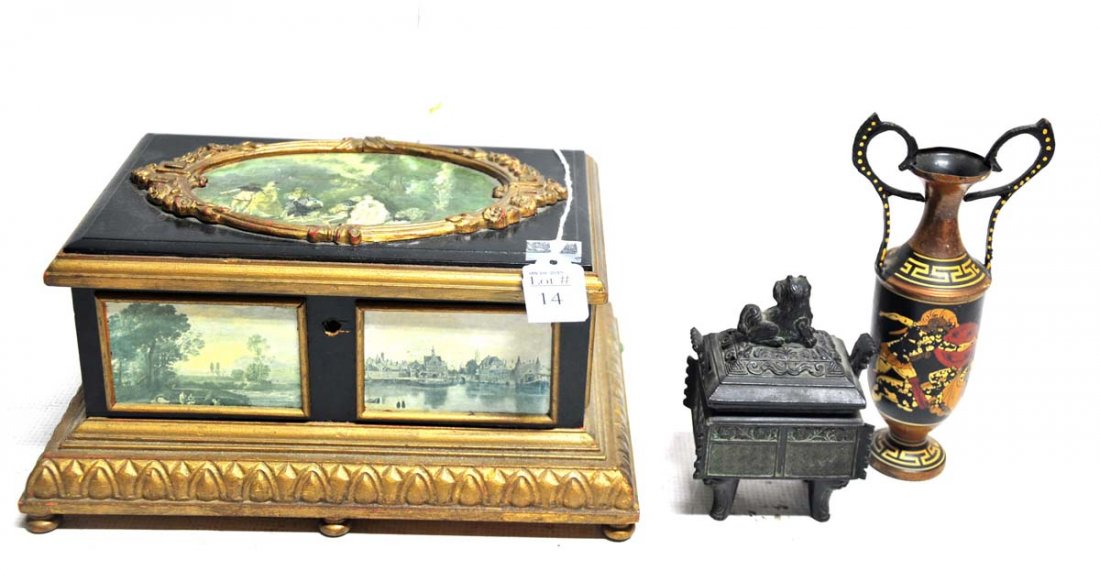 Contemporary jewelry box with misc cuff links: set of US dog tags belonging to A. Jerome LaPelletier and US insignias cross rifles, 35, 40 and 45 years of piano technician pin. Small jewelry casket with Foo dog lid, handmade vase from Greece.