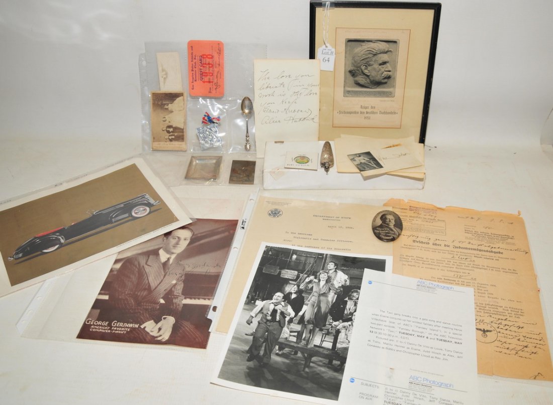 Ephemera misc collection to include: with autographs of Pee Wee Reese, Warren Spahn, black and white photo of the sitcom Taxi crew, autographed paper of Elbert and Alice Hubbard and signed black and white photo of George Gershwin, a Germ