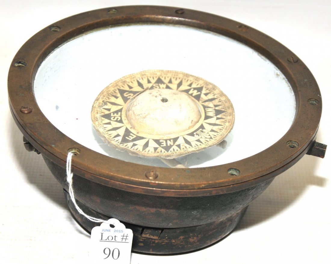 Brass and iron compass: signed E. S. Mitchie, Boston Patent mark November 14, 1876. 8 1/2" diameter, solid and heavy.