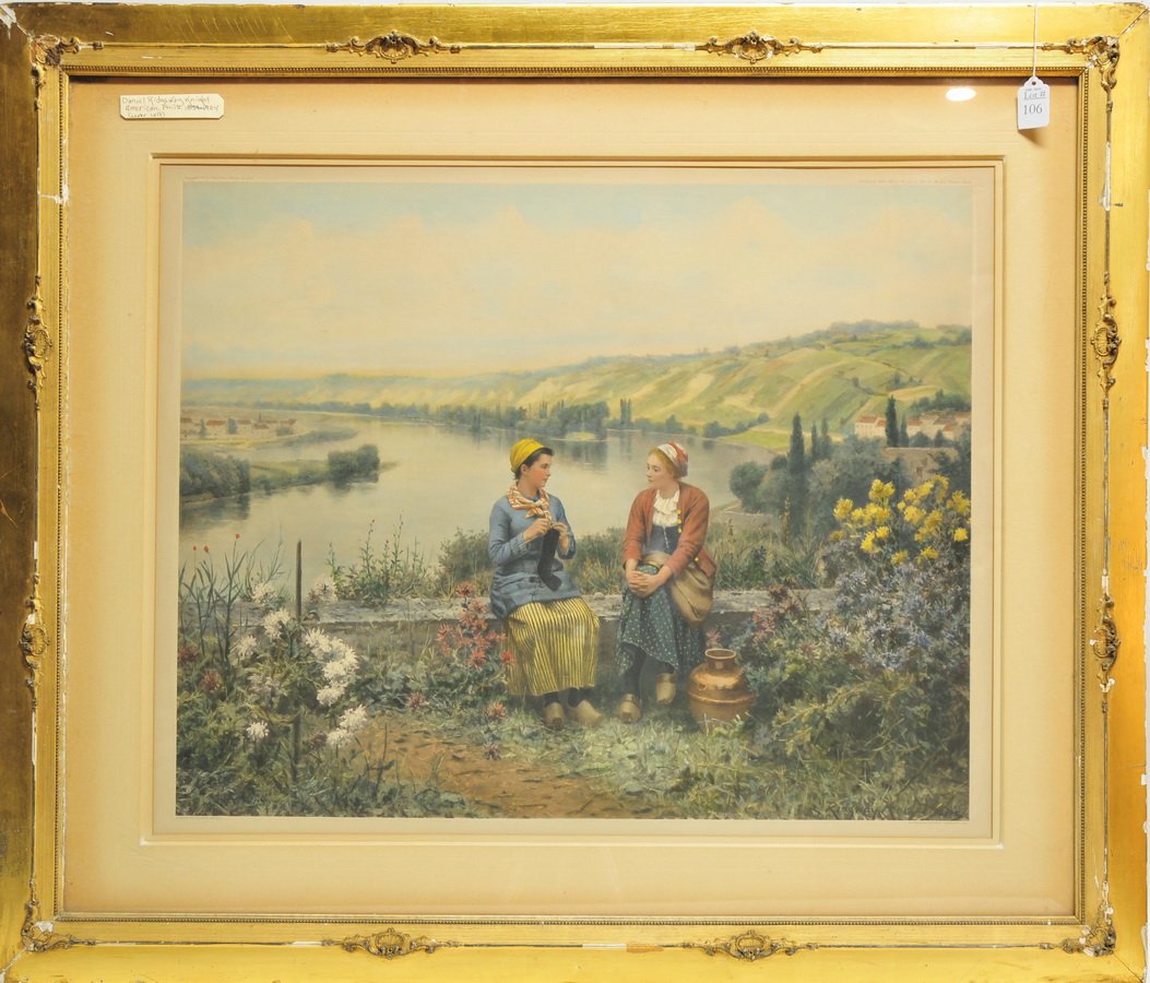 Daniel Ridgeway Knight American Phil 1839-: 1924, signed lower right and printed underneath signature Blechinger & Leykauf, Vienna Hel & Ime. 23 1/2" x 29 1/2".
