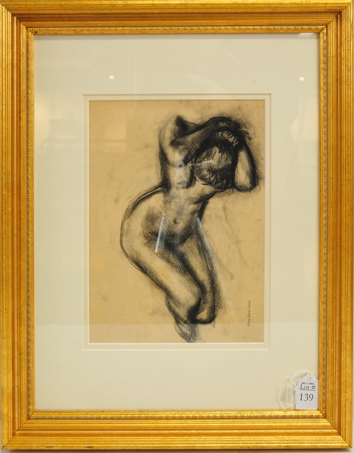 Charcoal drawing of a nude lady: by May Davis Greer in gold frame 11 x 8 1/2".