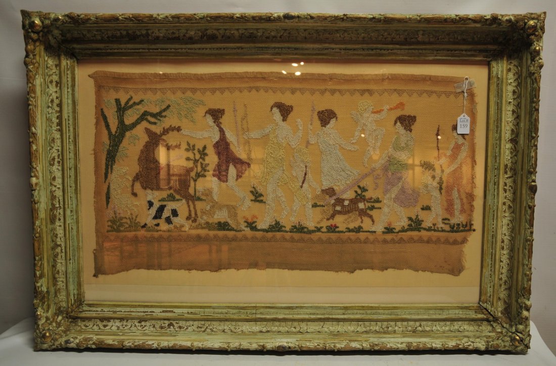 Framed needlepoint with young girls dancing: with animals in beautiful deep, intricately carved frame. 2' 9' x 1' 5". Lower right part of frame is separating.