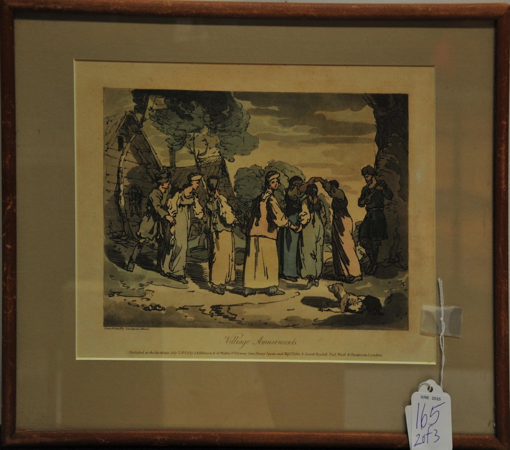 Three prints to include:: C. P. Meier," The Bookmaker's Sweet Heart or Don't Bet on Women Ah Me No! 14 1/2" x 16 1/2" in frame. Two prints, "Village Amusements" and a "Polish Dance" drawn and etched by John Augustus Atkinson, 