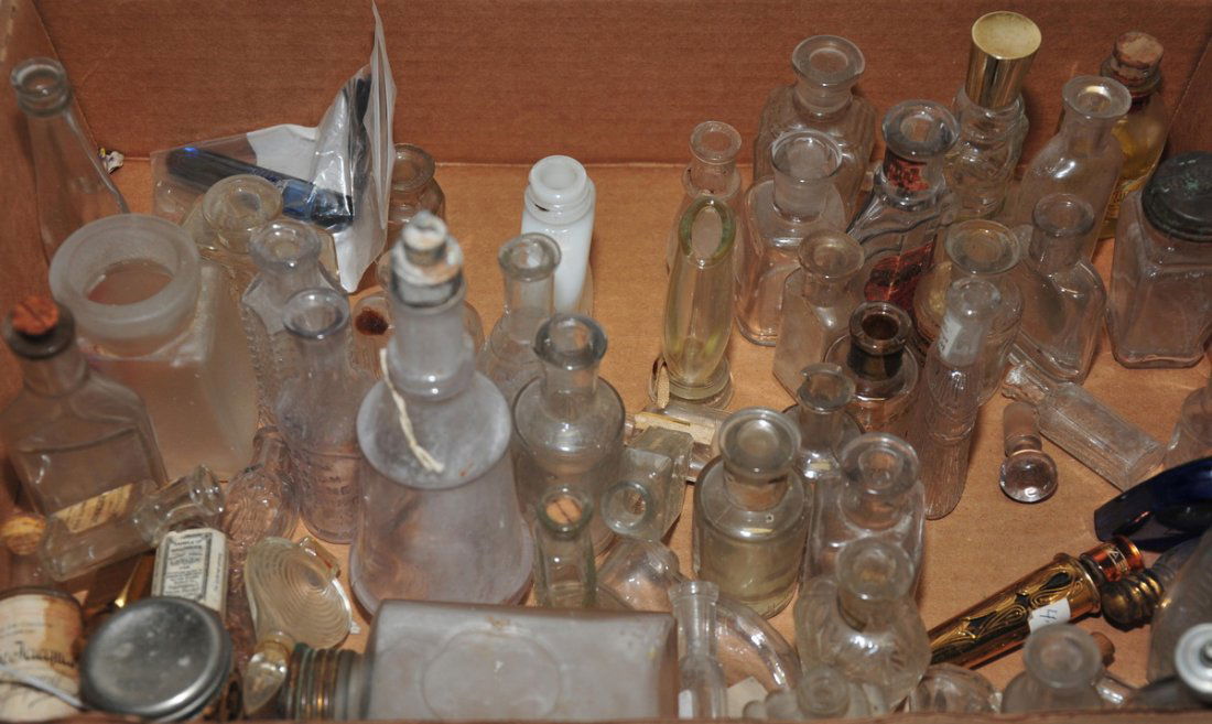 Collection of misc perfume bottles: some with labels, Tappan's White Rose extract, New York, Triple Extract Alfred Wright, Rochester NY, Evening in Paris, cobalt blue Complimentary jar with cover, Brown, Thomson & Co. Perfumes, Hind's H