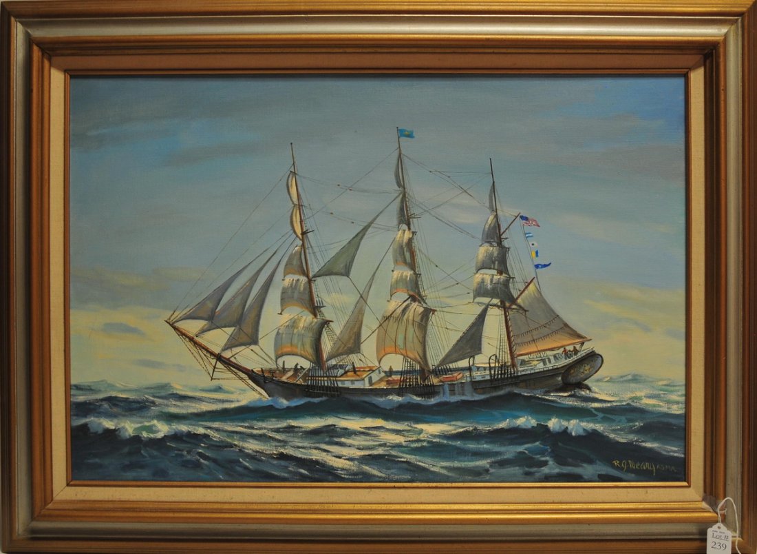 Oil on canvas: contemporary R. J. Neary, "Westwood Ho". Sailing vessel with US flag, in frame 19 1/2 x 20 1/2.