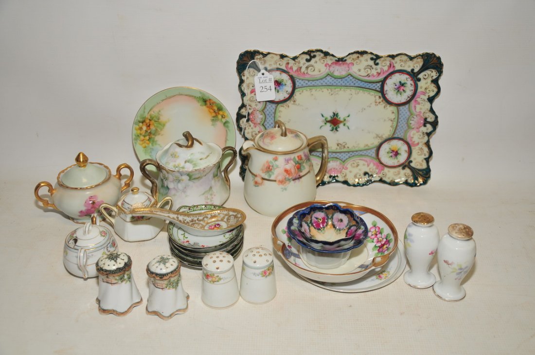 Misc collection of hand painted glass ware: Nippon and etc. Nut dishes, sugar, creamer, pin tray salt and pepper, total 22 pieces.