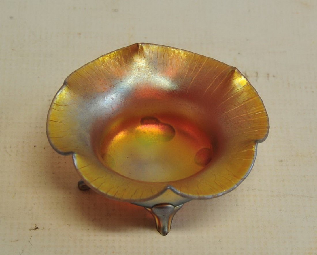 Three Piece Antique Art Glass Pieces: Signed Iridescent low vase, two semi frosted opaque bowls possibly Steuben