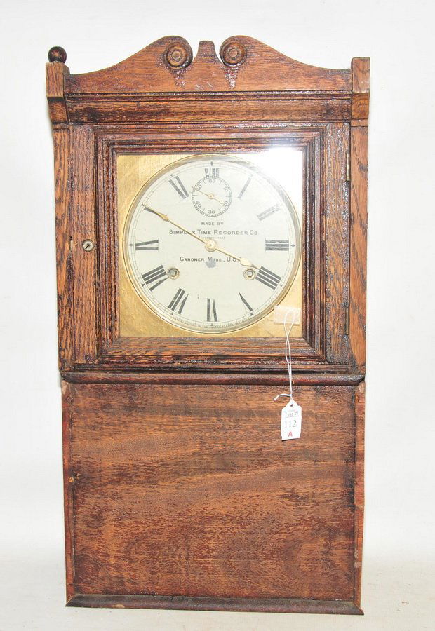 Oak Simplex Time Recorder Co.: Made in Gardiner, MA, USA. 15" W x 27" H x 7" D.