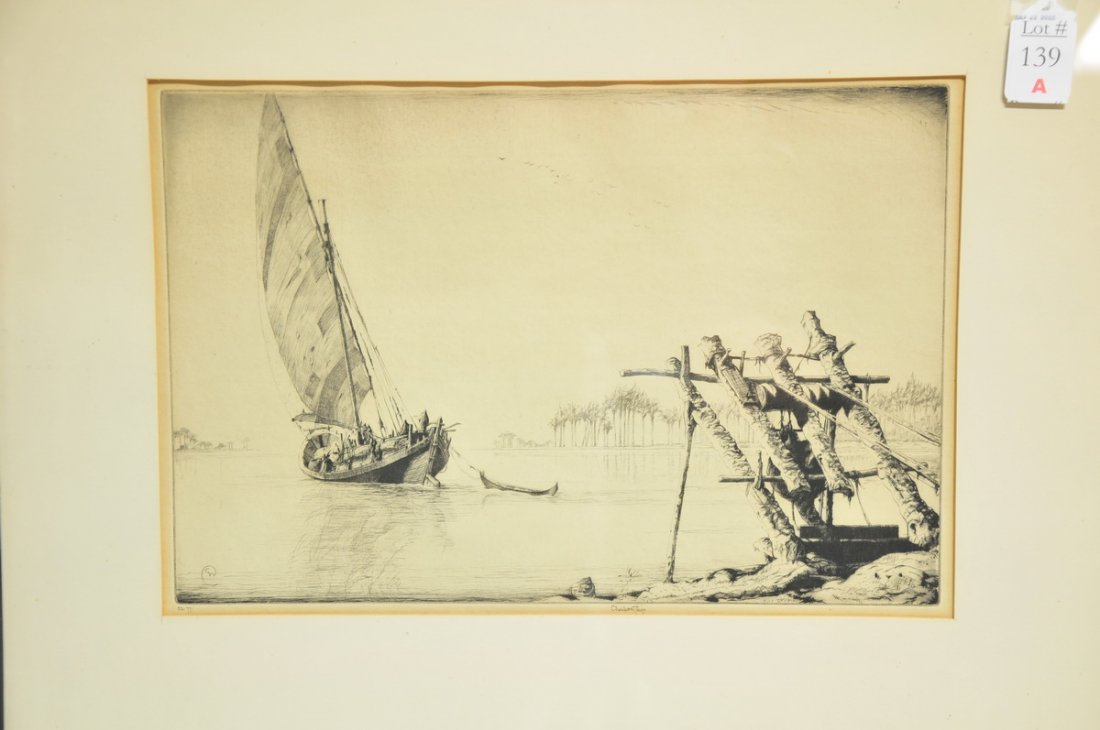 Etching "Downstream River Tigris": signed in margin with pen " Charles W. Cain" . Numbered 52/77. 9 1/4"X13 5/8.