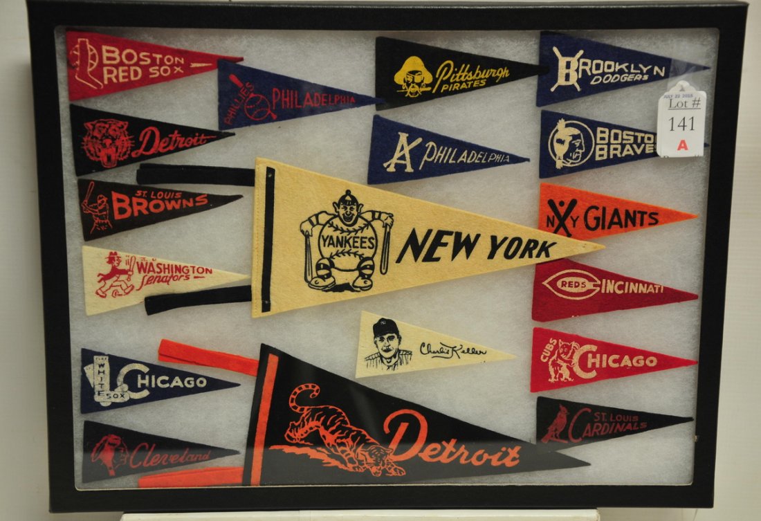 Collection of 18 beautiful 1950 American: Nut Pennant Premiums includes all 16 1950 teams and 2 different of Detroit plus Charlie Keller player pennant.