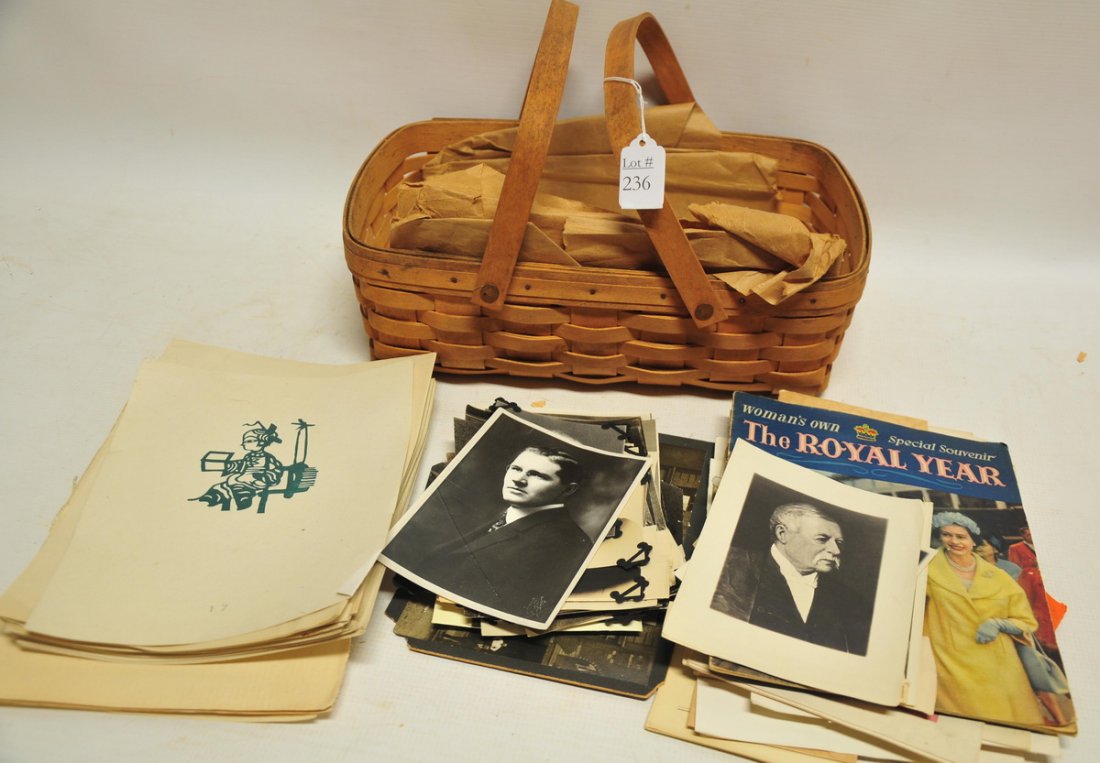 Basket of ephemera collection: to include: old black and white photos of John Tayler Governor of the State of New York 1817, other pictures dated 1803 to 1920's, booklet of Queen Elizabeth and her children, certificate of marriage,