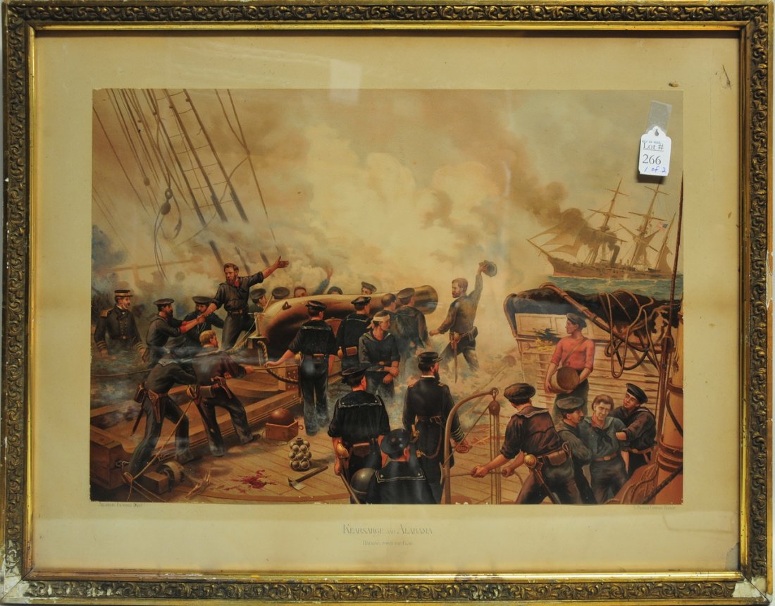 Pair of prints by I.Prang & Co., Boston: copyright date 1887 "Battle of Port Hudson" has rips in print across top and bottom, "Kersarge and Alabama" good condition of print has frame coming apart in lower left hand corner. 21 1/2" x 15".