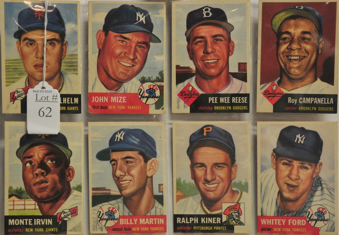 8 1953 Topps HOF Players Cards: Hoyt Wilhelm, Johnny Mize, Pee Wee Reese, Roy Campanella, Monte Irvin, Billy Martin, Ralf Kiner and Whitey Ford, several cards are gradeable