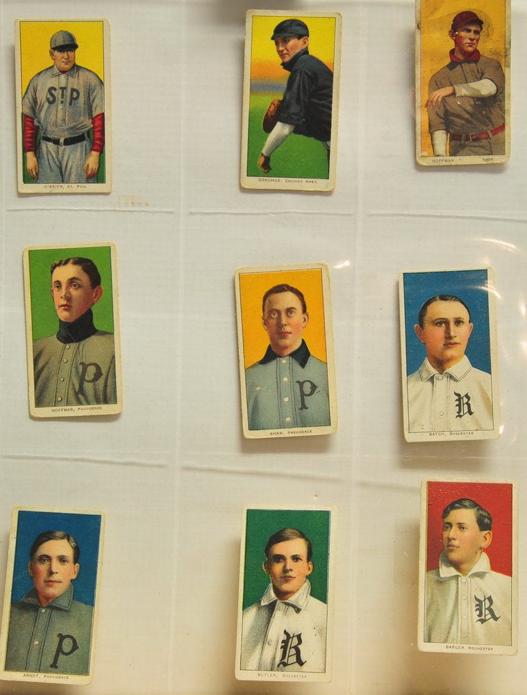 Collection of 9 Raw T206 Cards Piedmont Backs: Players are O'Brien, Donohue, Hoffman St. Louis, Hoffman Providence, Shaw, Batch, Arndt, Butler and Barger