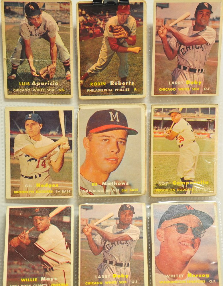 11 1957 Topps HOF Baseball Cards: Luis Aparicio, Robin Roberts(2), Larry Doby(2), Gil Hodges, Ed Mathews, Roy Campanella, Willie Mays, Whitey Herzog, Dick Williams