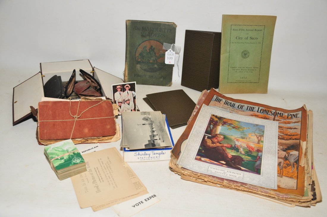 Estate fresh attic find from a Saco Maine home: of old ephemera to include tin types of gentlemen, ladies in hats. Pair of spectacles, small leather bound book of recipes in handwritten script and old clippings bound with twine. Sixty fifth annual 