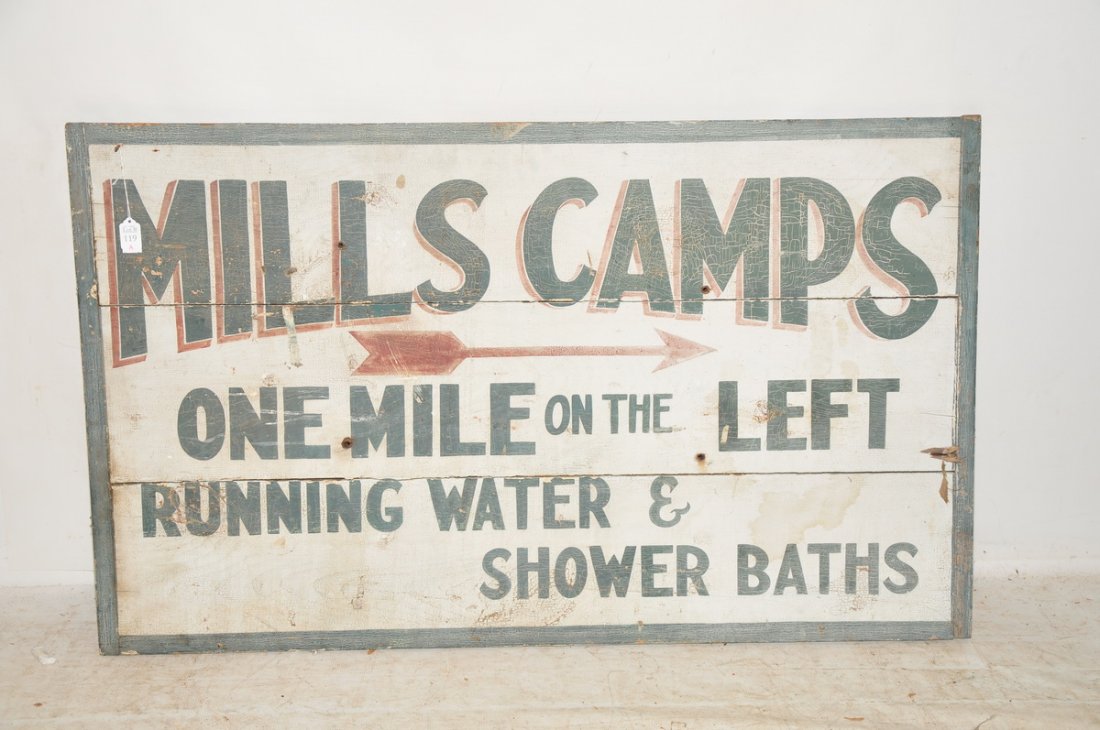 Wooden Mills Camps sign: with old gray paint outlined in red on white background. 50" W x 30" L x 1" D. Estate fresh attic find from a Saco Maine home.