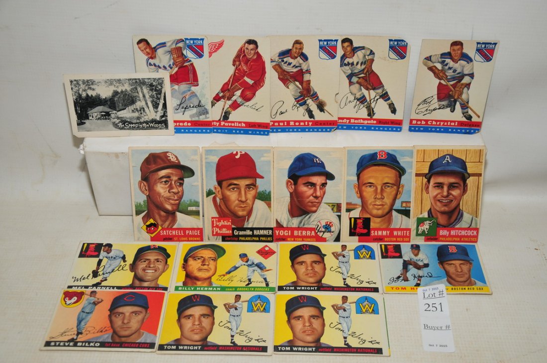 Estate Collection of Sports Cards: 1953 Satchell Paige, 1953 Yogi Berra, Three other 1953 Cards, 7 1955 Topps Cards, 5 1953 Topps Hockey Cards