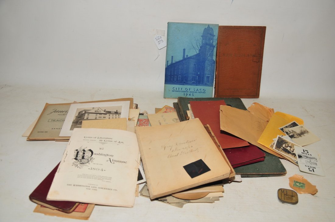 Estate fresh attic find from a Saco Maine home: of old ephemera to include: old photos of women and children, homes c 1900's, letters to Mills family, old address book, The Washington Almanac for the year of 1894, ledger of cash withdrawals and dep