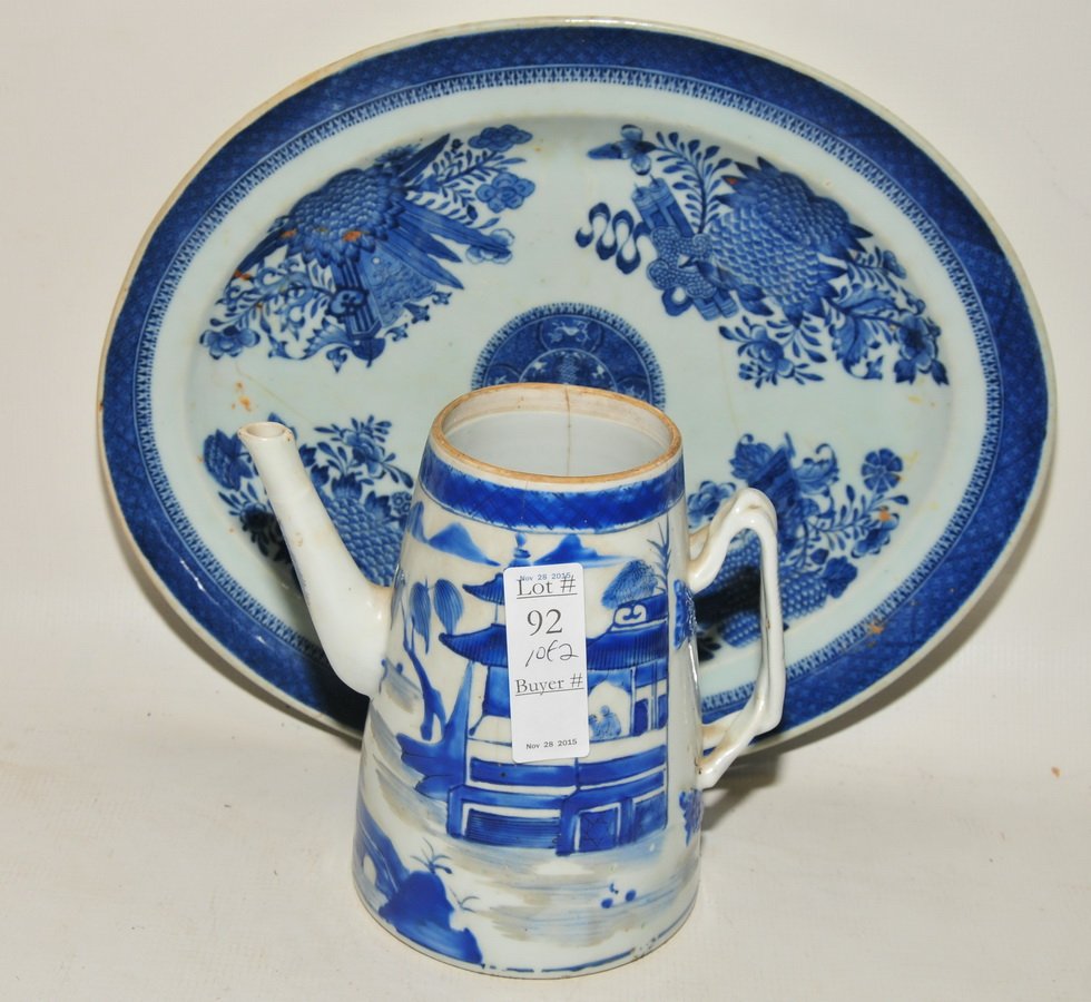 Excellent Group of Antique Canton China: 18th Century Platter with old staple repairs, plates of different patterns and ages, mostly 19th century, old pitcher and more