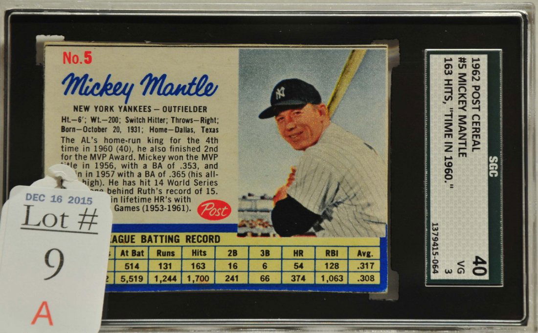 1962 Post Cereal Mickey Mantle SGC 40 Vg 3 (1 of 1)