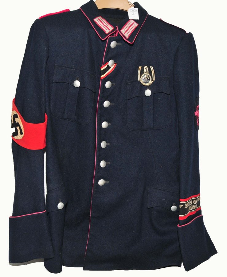 WWII Nazi Black Wool Panzer Dress Uniform: Possibly Armor Branch Rose, with pink piping and rose embroidered wool patch and rank insignia, collar insignia. Has German People's Armed Forces Armband late WWII 1943-44, 25 Year Service Medal, silv