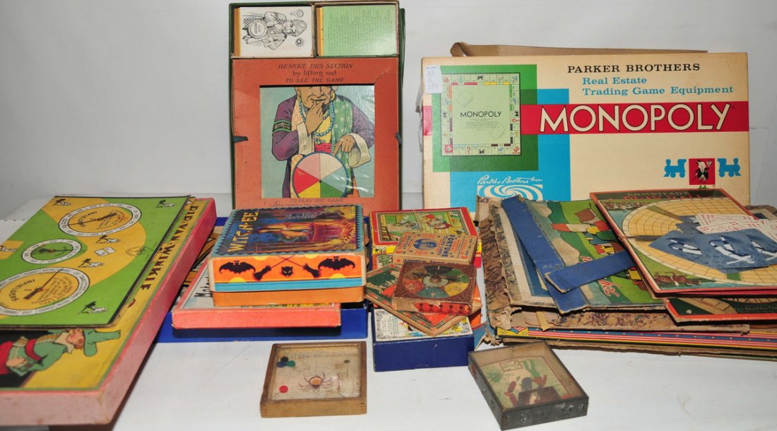 Antique, vintage games and puzzles: Monopoly game 1961, Motor bicycle race, Rip Van Winkle, Horse Race, Baseball game and more.