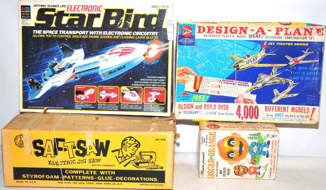 4 Assorted Toys 1960's and 70's: Including Star Bird, Design a Plane, Saf-T-Saw and Oscar Orange