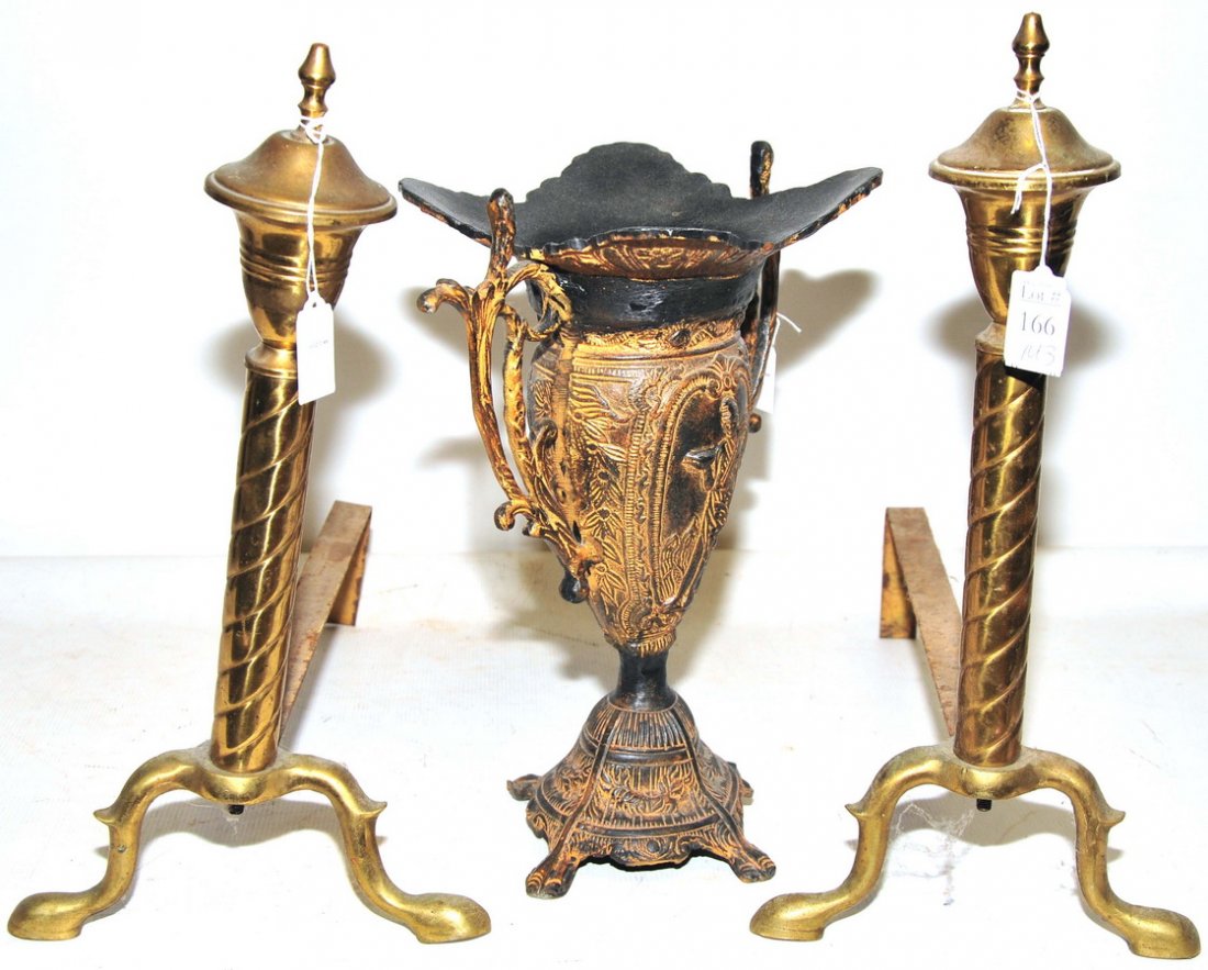 Pair of Brass Andirons and Decorative Urn: Pair of Brass Andirons and Decorative Urn