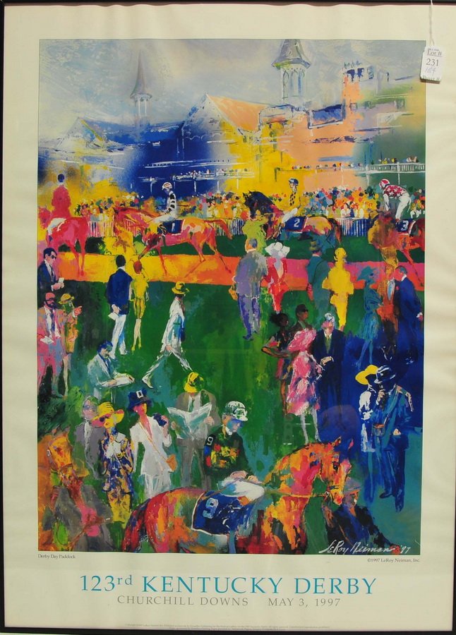 Collection of framed Kentucky Derby posters: to include: Kentucky Derby 2000 36 x 24, 123rd Kentucky Derby Leroy Neiman, Inc. 33 x 24, 127th Kentucky Derby by Anthony Bendetto 29 x 19 and 125th Kentucky Derby by Peter Williams 28 x 24.