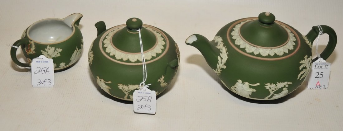 Wedgwood Green Jasperware Teapot, Sugar, Creamer: Small chips and repair to creamer