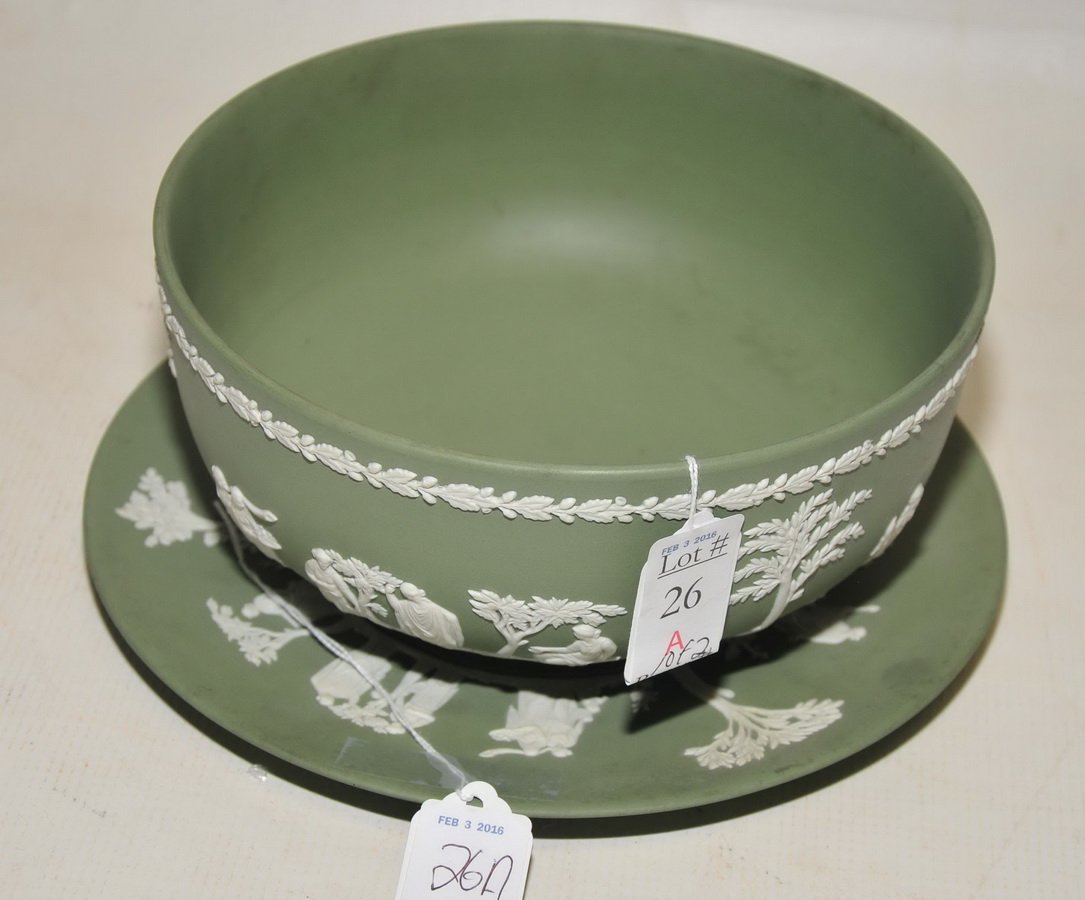 Wedgwood Green Jasperware Bowl and Plate: Wedgwood Green Jasperware Bowl and Plate