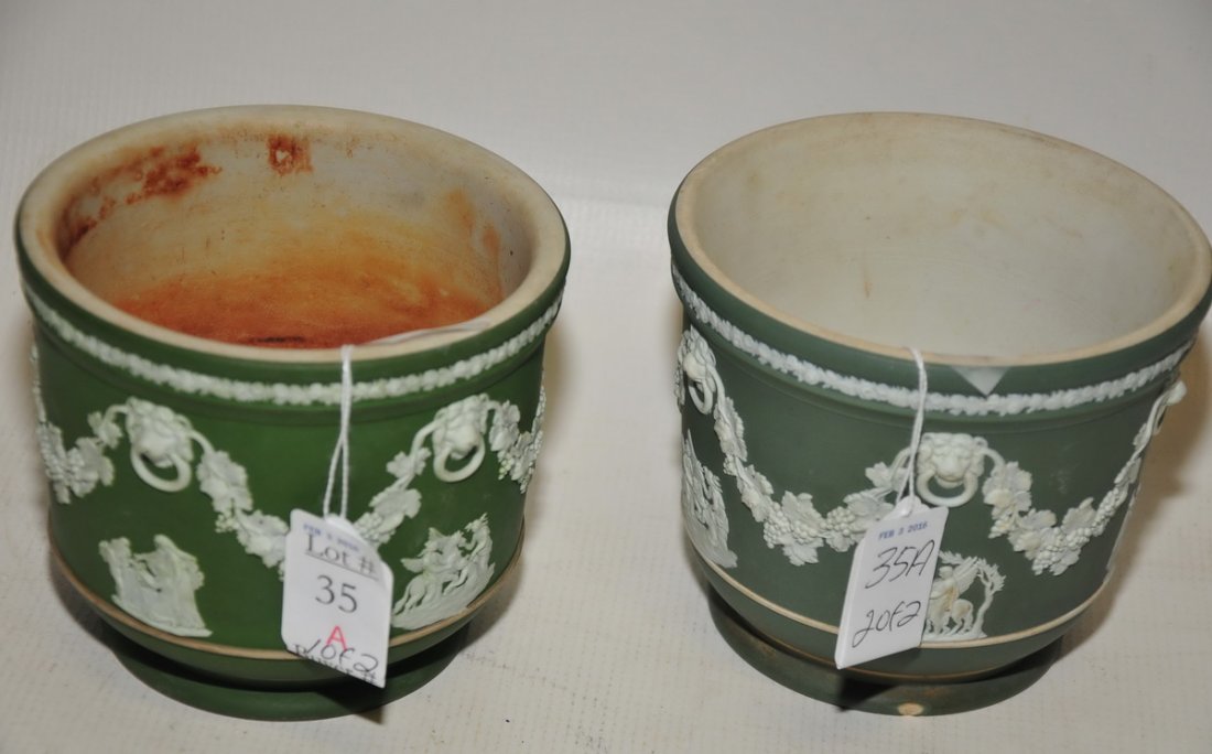 Two Green Wedgwood Jasperware Pots 5": One has rim chips