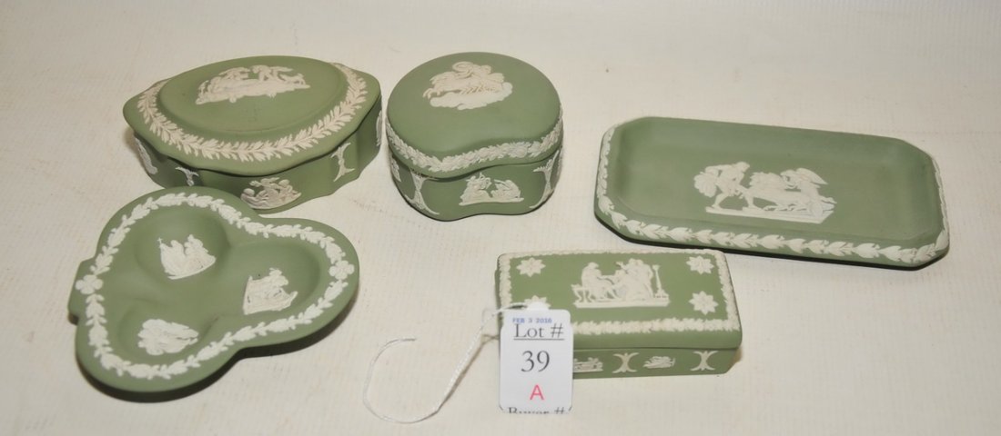 Five Pieces of Green Wedgwood Jasperware: Five Pieces of Green Wedgwood Jasperware