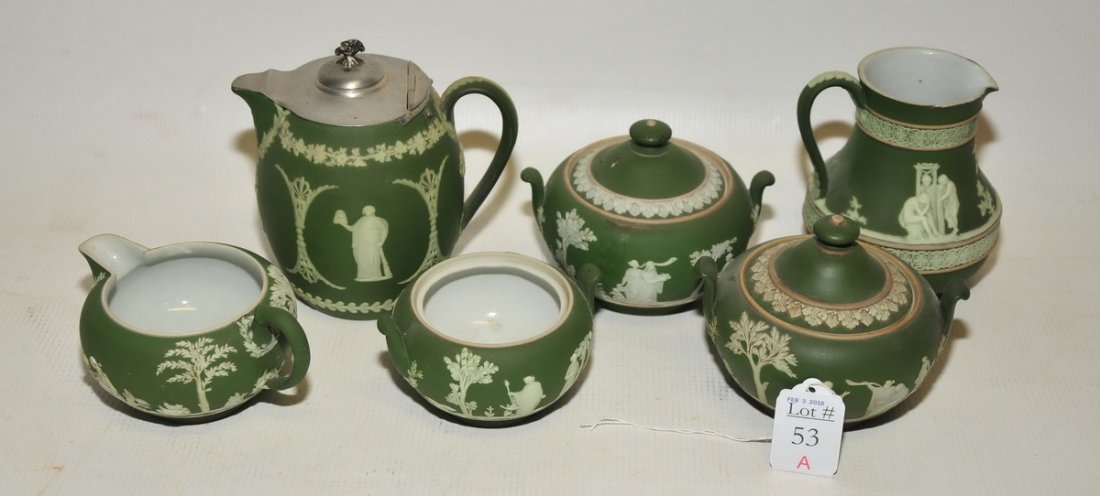 Six Pieces of Wedgwood Green Jasperware: Three Sugars, Three Creamers