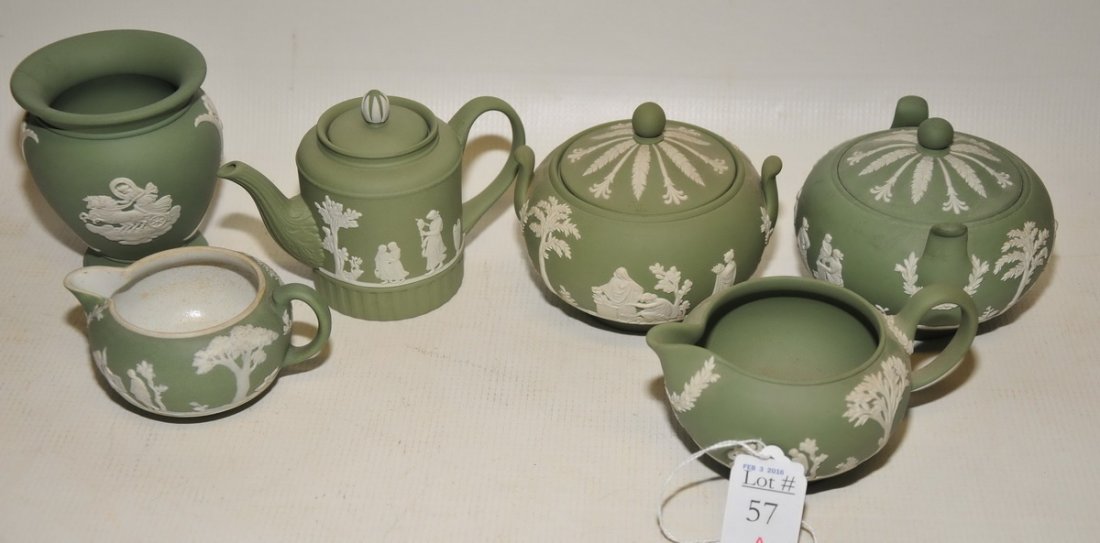Six Pieces of Green Wedgwood Jasperware: Six Pieces of Green Wedgwood Jasperware