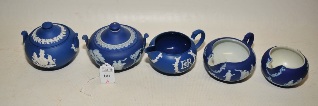 5 Pieces of Wedgwood Jasperware: One creamer has damage