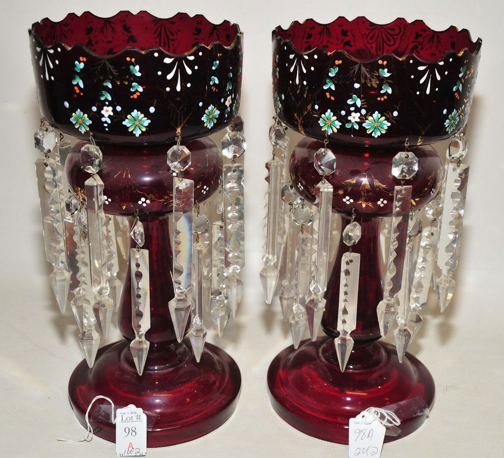 Pair of Hand painted Cranberry Glass Vases 14" (1 of 2)
