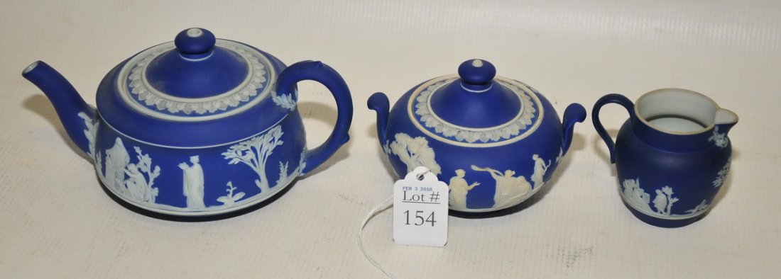 Wedgwood Jasperware Teapot, Sugar and Creamer: Wedgwood Jasperware Teapot, Sugar and Creamer