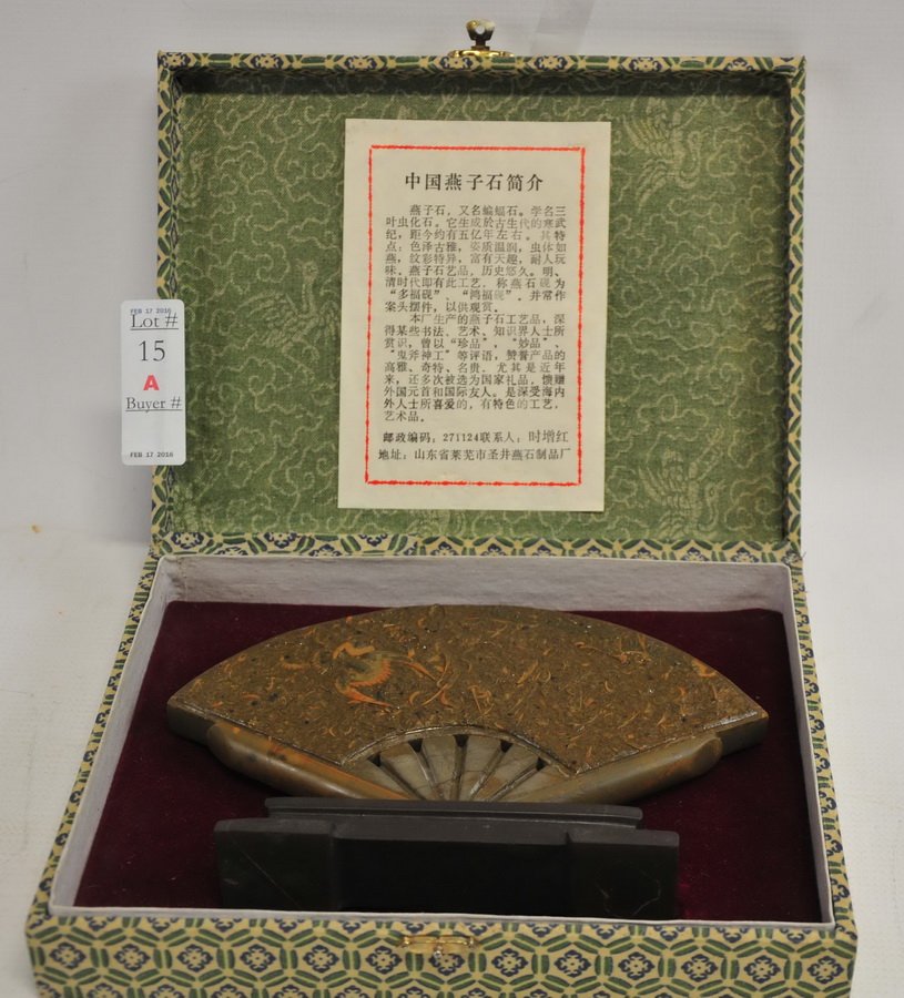 Antique Asian Soapstone Fan Sculpture: In original Box