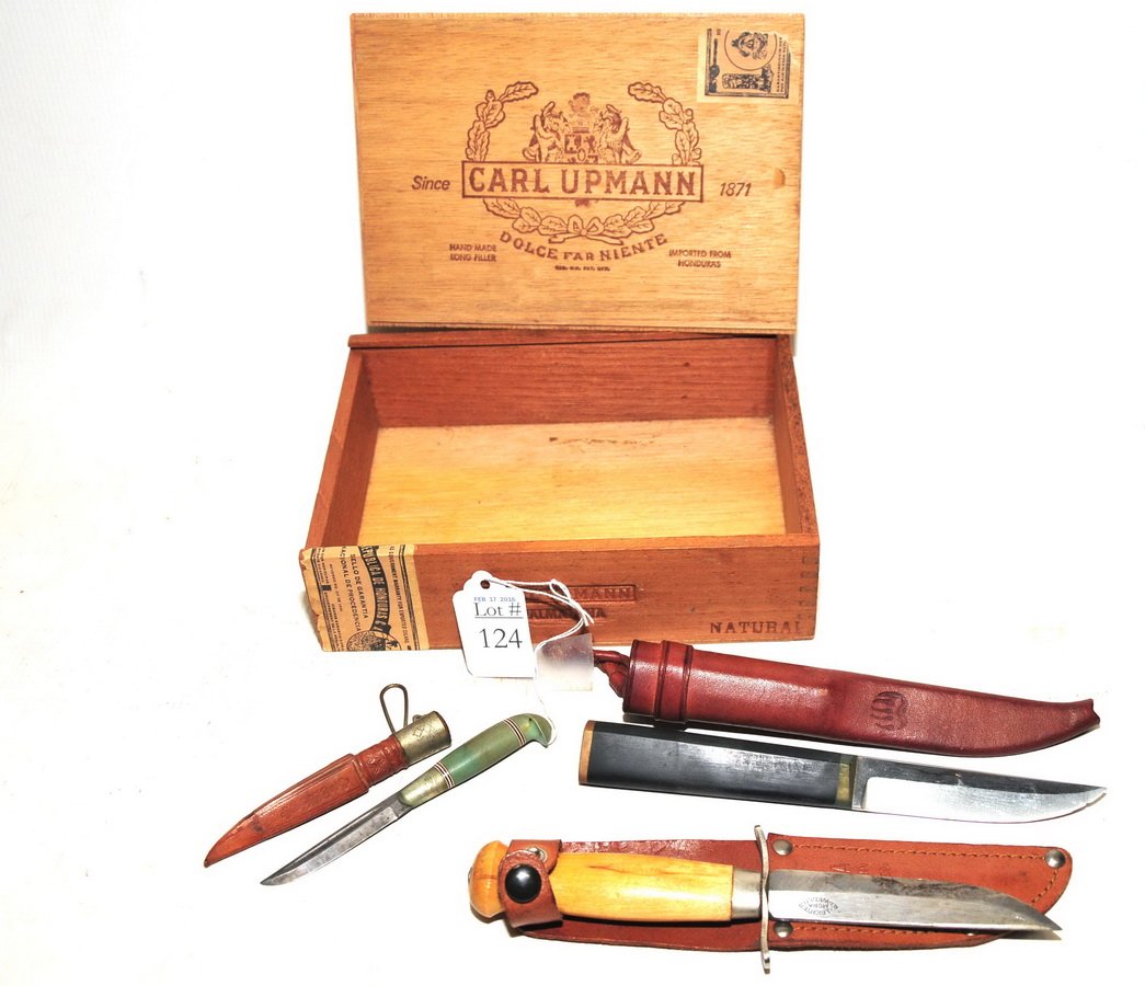 Collection of Knives in a wooden box to include: Scandinavian 2", Norway Hackman Finland Stainless Tapio Wirkkala 3 1/2" and Sweden 4" in leather cases.