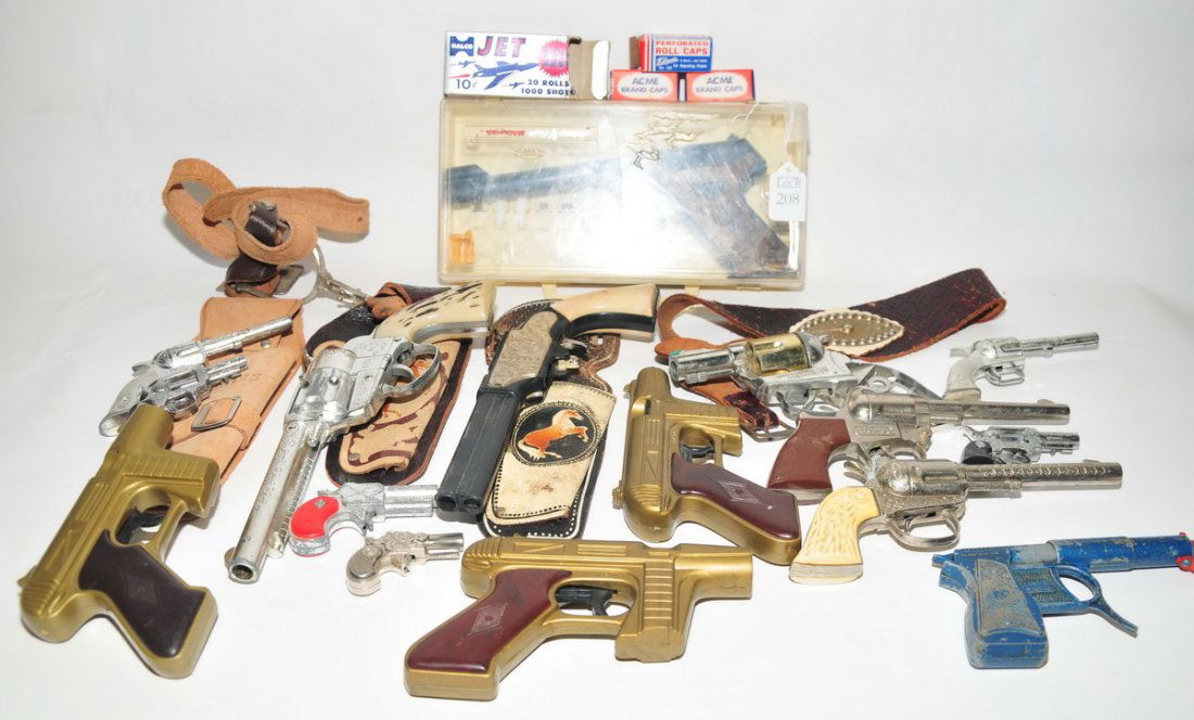 Collection of toy guns: plastic and metal, some as found condition, to include: Fanner 50 by Mattel, Derringer, Lone Star Spud Gun #504 made in England, Johnny Eagle Magumba, roll caps and accessories. Three leather holsters
