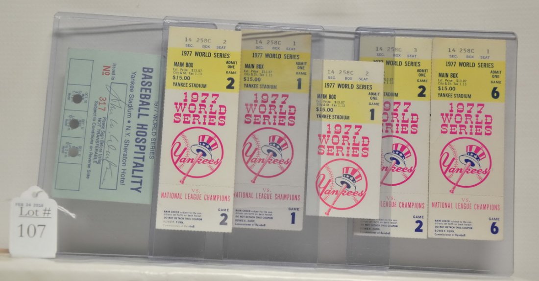 6 1977 NY Yankees World Series Tickets: Two Game 2, 2 Game 1, Game 6 and Hospitality Room Ticket