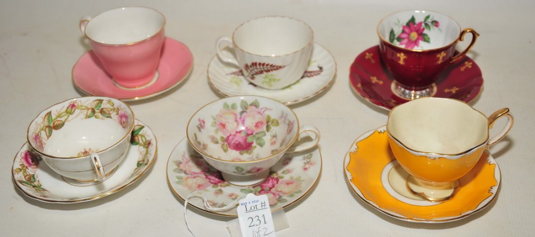 Collection of 12 bone china: teacups and saucers to include: Staffordshire, Royal Dover, Elizabethan, Royal Stafford, Allan Nelson, Consort, Bavaria, Salisbury, Mayford, Royal Albert, Windsor.