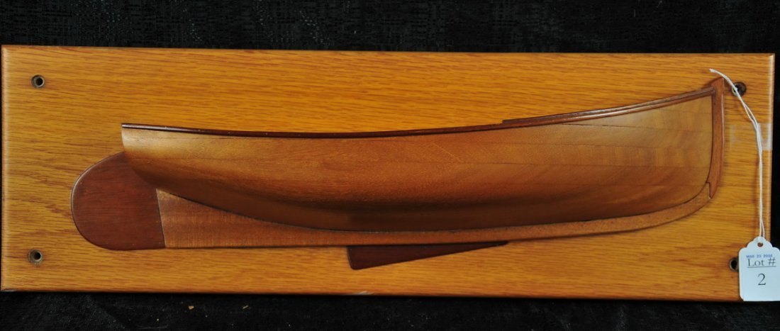 Half hull on board: signed on the back in pencil Crosby Cat Boat "Dolphin" model by R. Napier 1973. Board 21" x 7", Model 17" L.